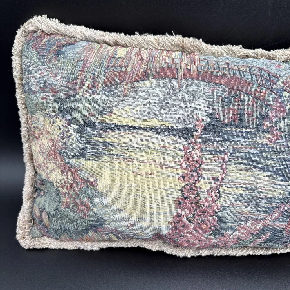 Vtg Bess Designs Tapestry Lumbar Pillow Fringe Bridge Countryside Moonlight